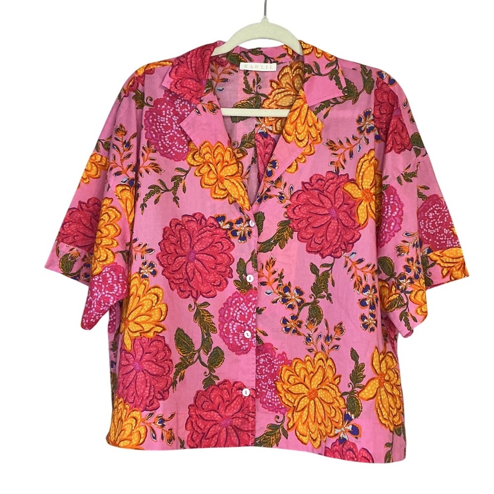 Karlie Womens Pink Floral Cotton Short Sleeve Button Down Boxy Shirt‎ Large